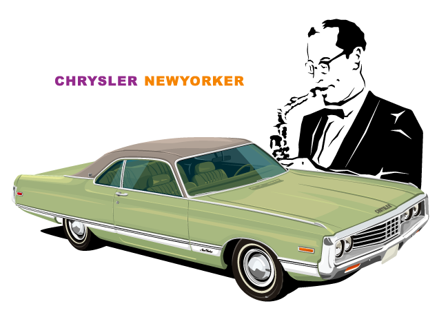 クライスラー ニューヨーカーと、サックスを演奏するポールデスモンドの２階調画