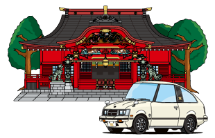 トヨタセリカＸＸ（初期型／ダブルエックスＧ／白）と武蔵御嶽神社拝殿のデフォルメタッチのイラスト